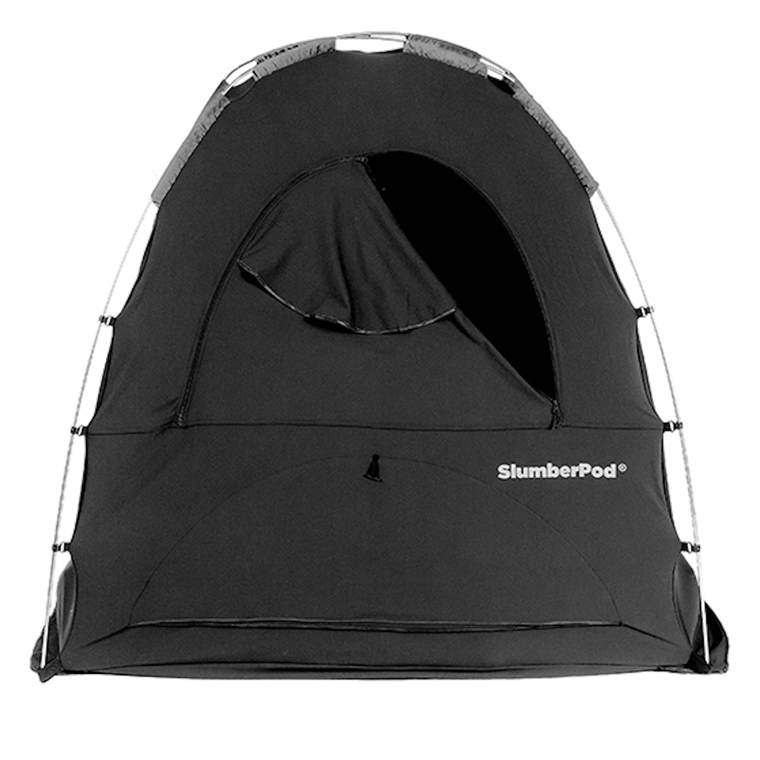 Product image of black canopy tent with partial open front window flap and slumberpod logo in mid right of tent