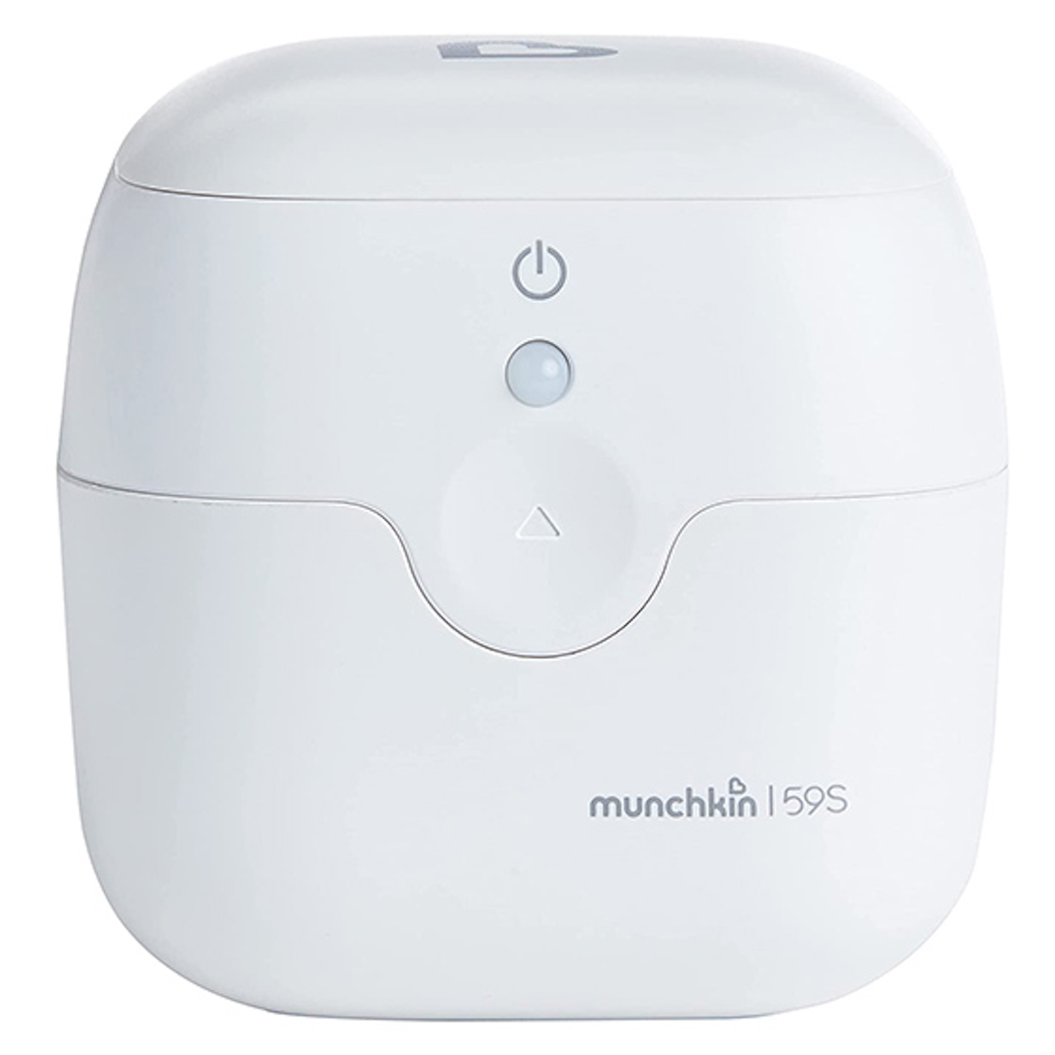 Product image of rounded square case used to sterilize baby bottles with on button on top and munchkin logo with 59s in the corner