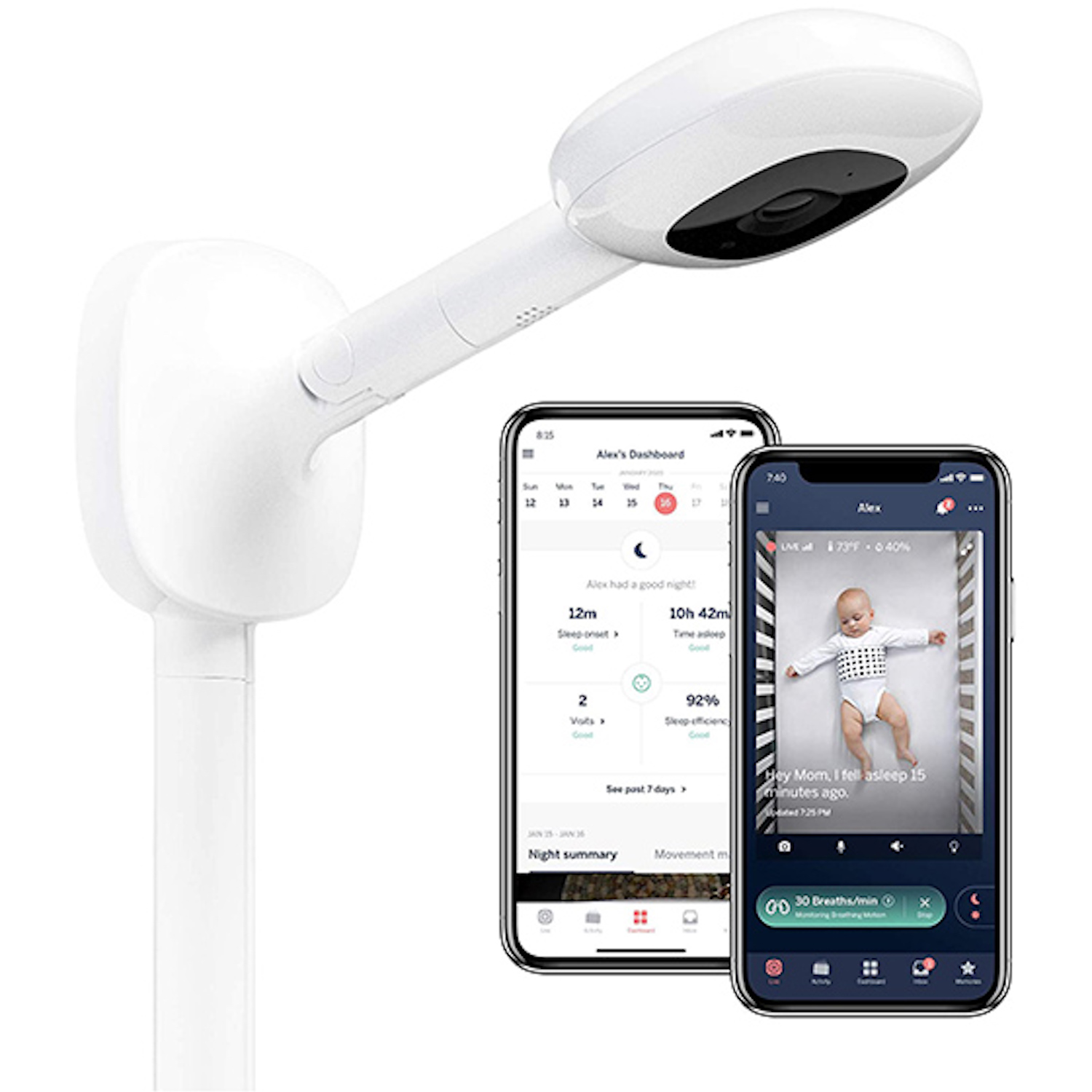 product image of tall stand with white sleek camera to the left and two iphones to the right with Nanit monitor app on the screen