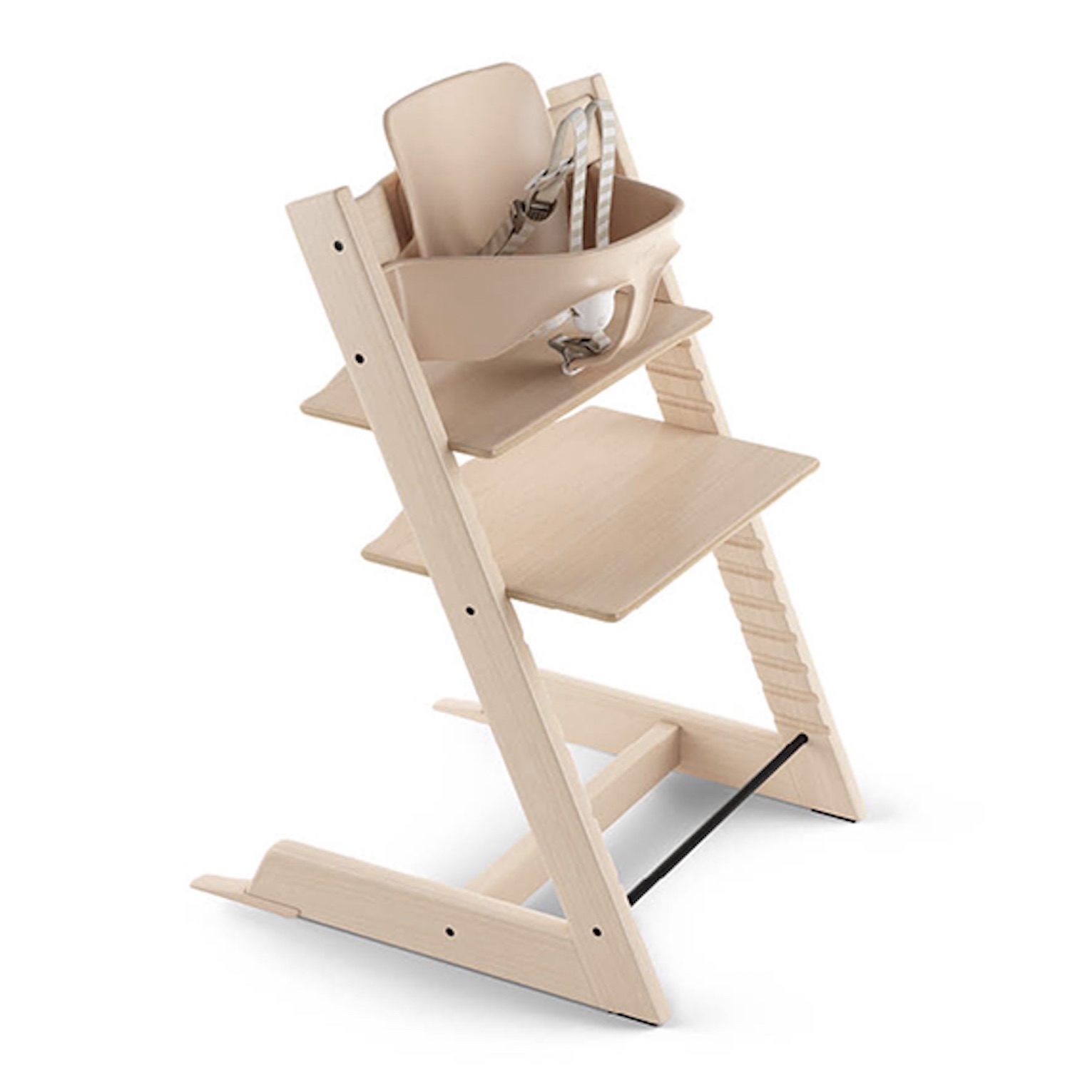 product image of ergonomic beige wooden high chair with seat and belt