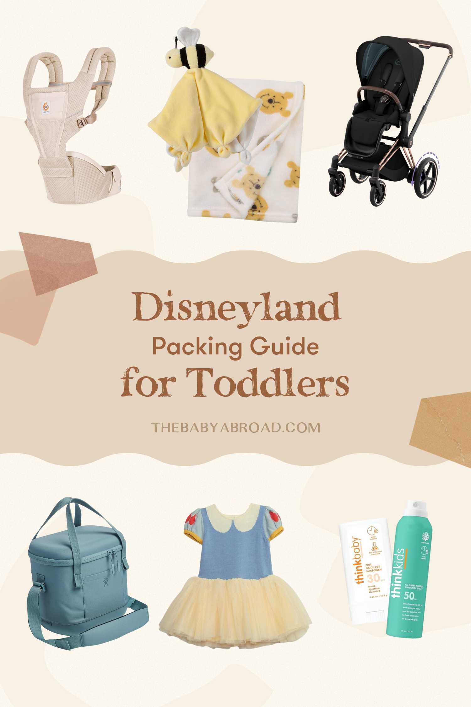 Toddler Essentials to Pack for Disneyland Pin featuring a stroller, Winnie the Pooh clothes, hip hugger, black diaper bag, sunscreen and hand sanitizer, and Mickey Mouse sweats