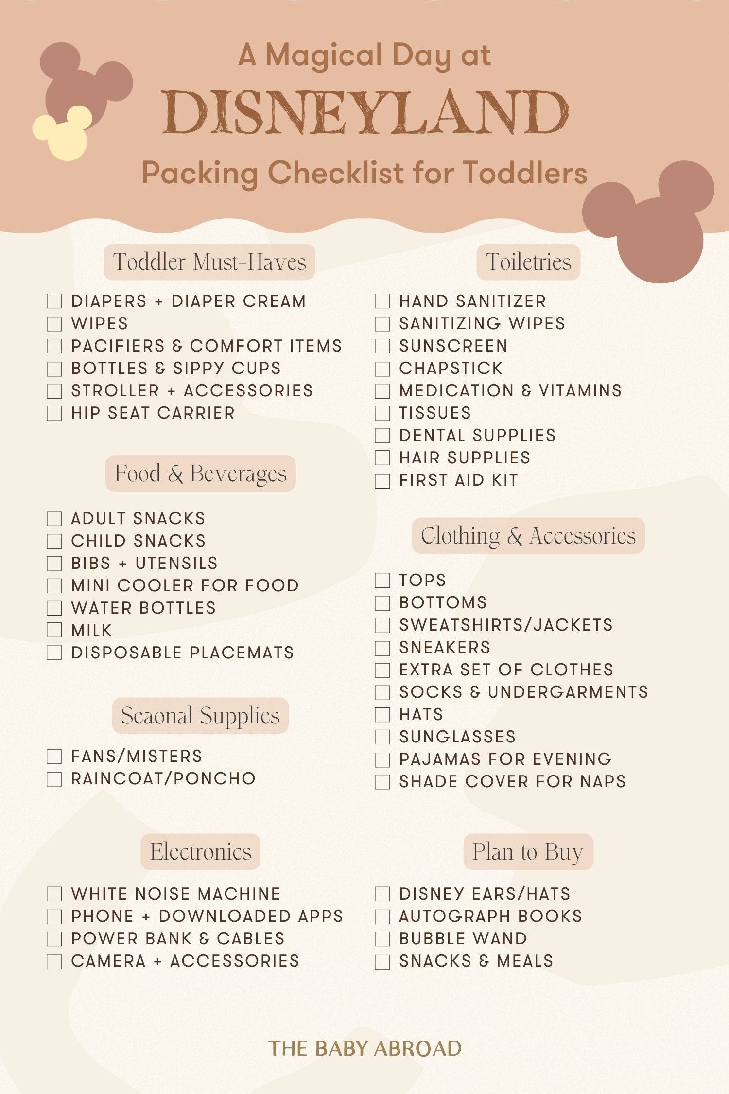 pinterest checklist in beige, brown and taupe with all of the items for a magical day at Disneyland