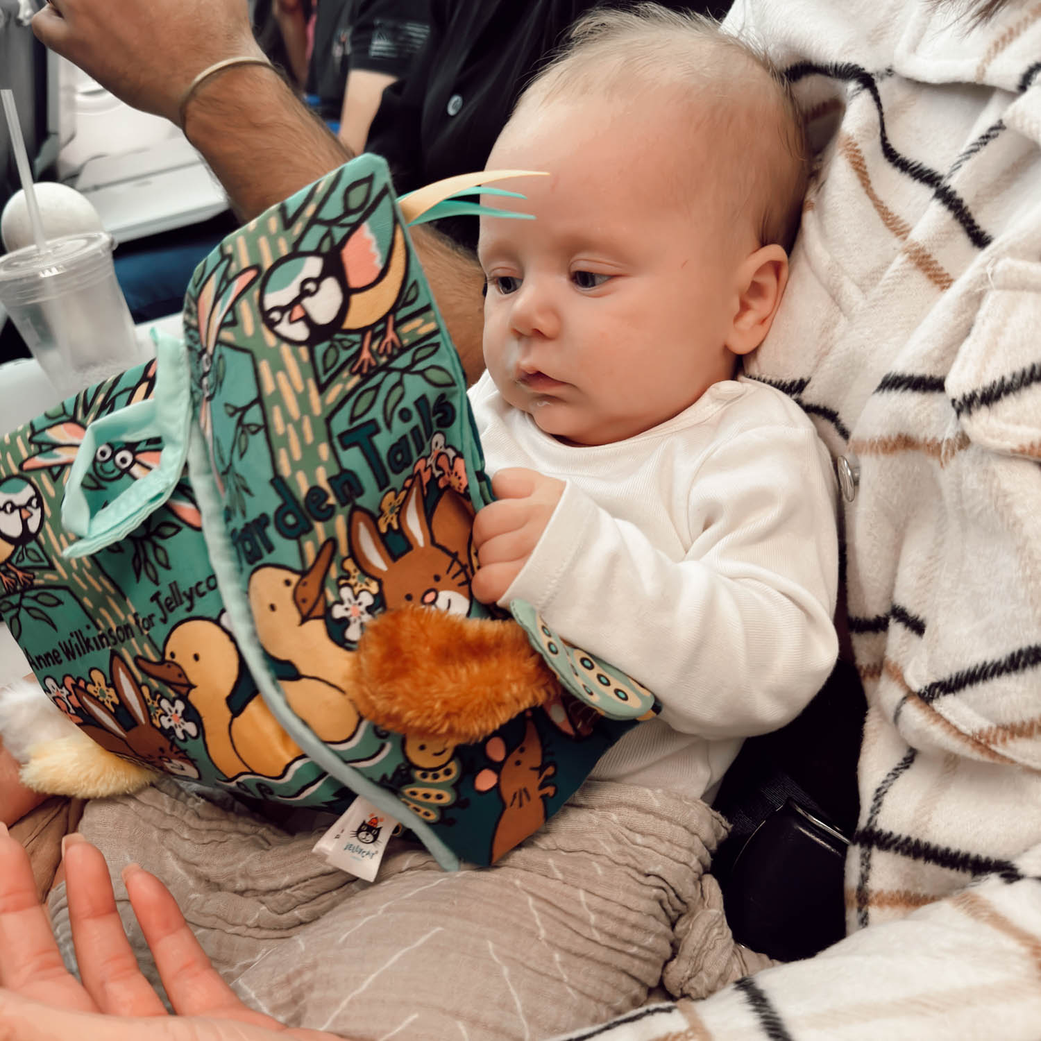 infant playing with soft book toy on lap in plane