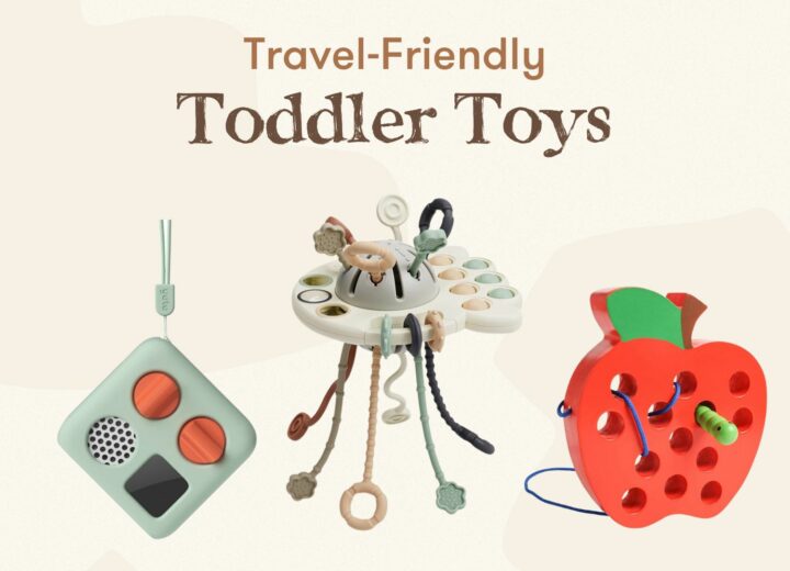 Feature Image Graphic of Travel-Friendly Toddler Toys with three toys