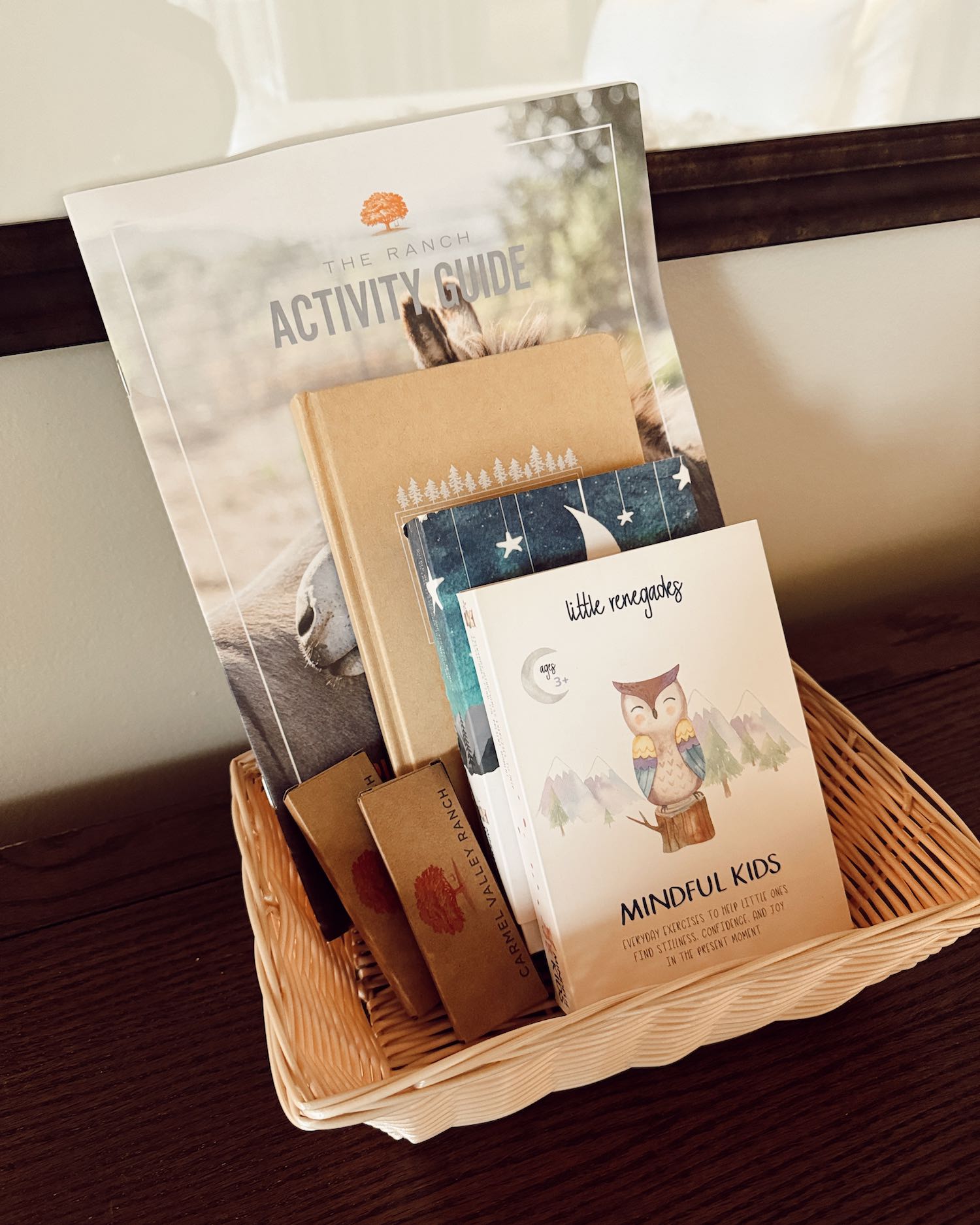 Small basket on table with children's books varying in size