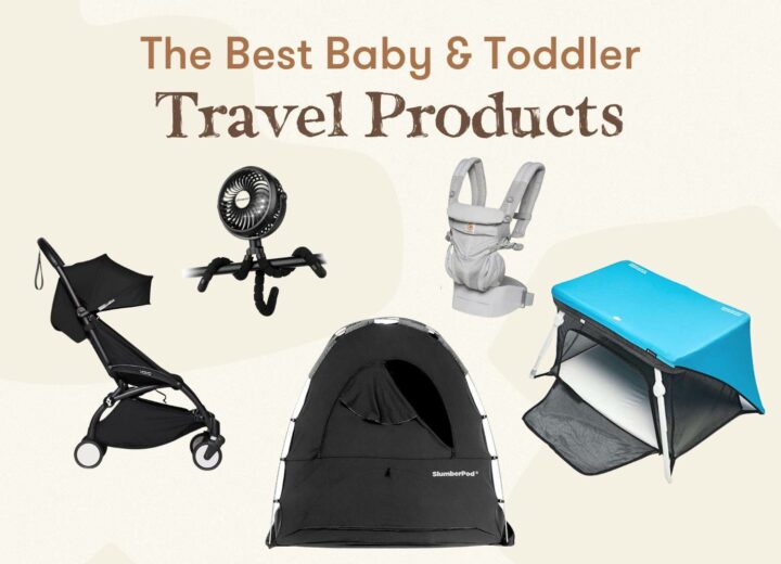 Graphic feature image with colorful suitcases, baby monitor with giraffe, stroller, white noise machine, sterilizer and backpack